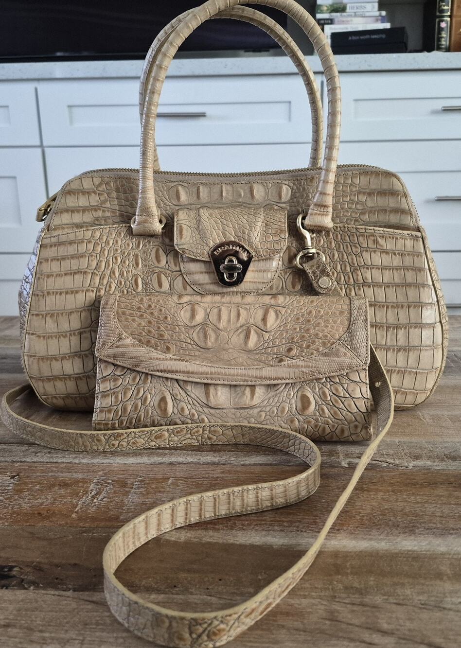 Vintage Brahmin Croc-Embossed Leather Flap Satchel & Crossbody Bag